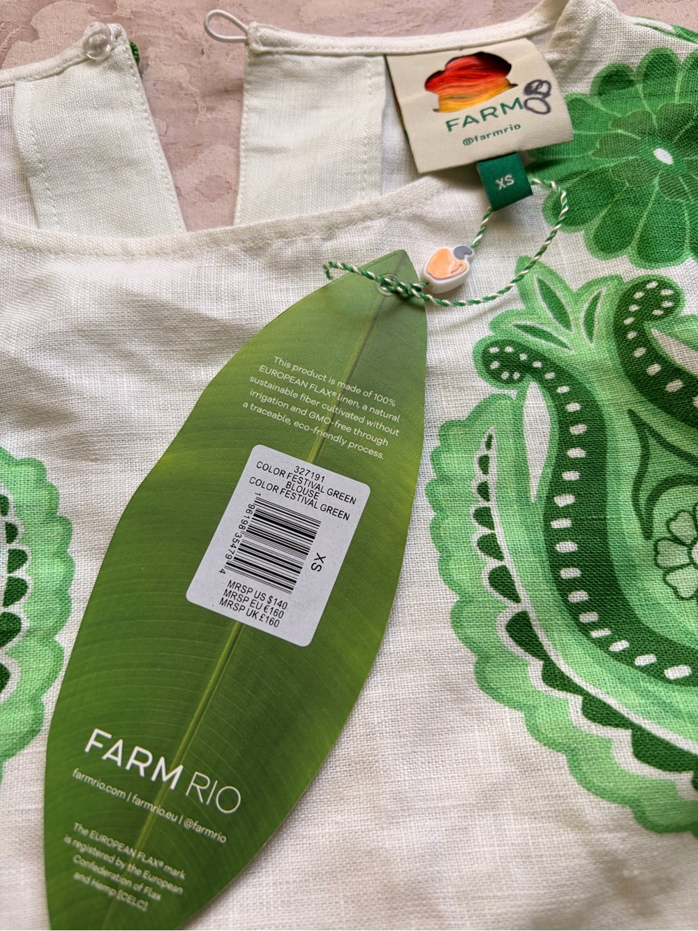 New W/ Tags FARM Rio Green Festival Floral Linen Scalloped Cropped Blouse XS - Picture 4 of 10